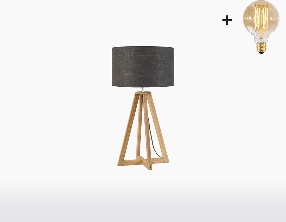 Tafellamp – EVEREST – Naturel Bamboe - Donkergrijs Linnen - Met LED-lamp