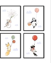 Postercity - Design Canvas Poster Set Panda Muisje Vos  en Wasbeer met Ballonnen / Kinderkamer / Dieren Poster / Babykamer - Kinderposter / Babyshower Cadeau / Muurdecoratie / 70 x 50cm