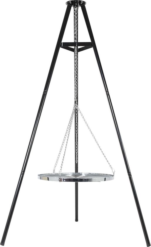 SOUK ONE Grill driepoot zwenkgrill incl. gietijzeren pan Dutch Oven, grillframe met ketting, 150 cm hoog, incl. 46 cm grillrooster, incl. 50 cm vuurschaal, houtskoolgrill (zwenkgrill incl. 9L