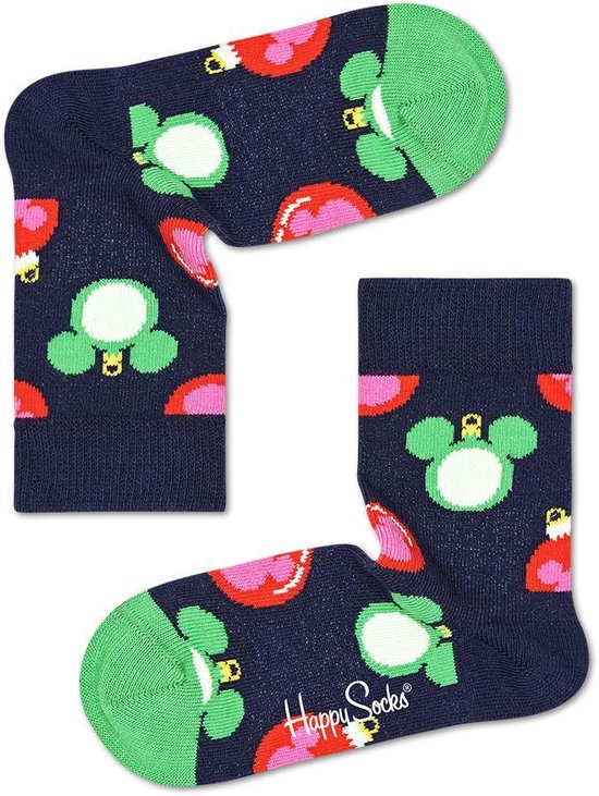 Donkerblauwe sokken met groene kikkers, rode lippen en groene en roze boorden.