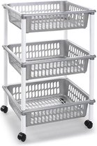 Opberg trolley/roltafel/organizer met 3 manden 40 x 30 x 61,5 cm zilver/wit - Etagewagentje/karretje met opbergkratten