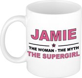 Naam cadeau Jamie - The woman, The myth the supergirl koffie mok / beker 300 ml - naam/namen mokken - Cadeau voor o.a verjaardag/ moederdag/ pensioen/ geslaagd/ bedankt