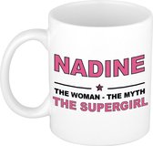 Naam cadeau Nadine - The woman, The myth the supergirl koffie mok / beker 300 ml - naam/namen mokken - Cadeau voor o.a verjaardag/ moederdag/ pensioen/ geslaagd/ bedankt