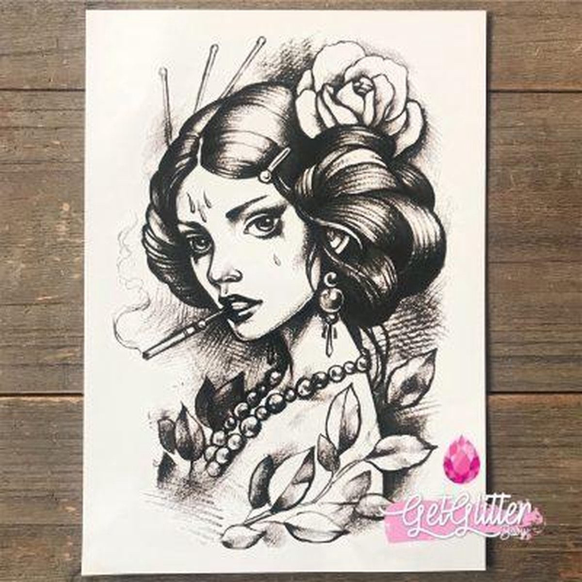 GetGlitterBaby® - Tijdelijke Tattoos / Tijdelijke Henna Festival Plak Tattoes / Nep Tatoeage voor Volwassenen / Fake Temporary Tattoo Sticker - Girl with the Rose