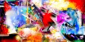 JJ-Art (Canvas) | Zeelandbrug, Zeeland brug, abstract in kleurrijke olieverf look - woonkamer | water, Nederland, rood, blauw, geel, lila, rose | Foto-Schilderij print op Canvas (c