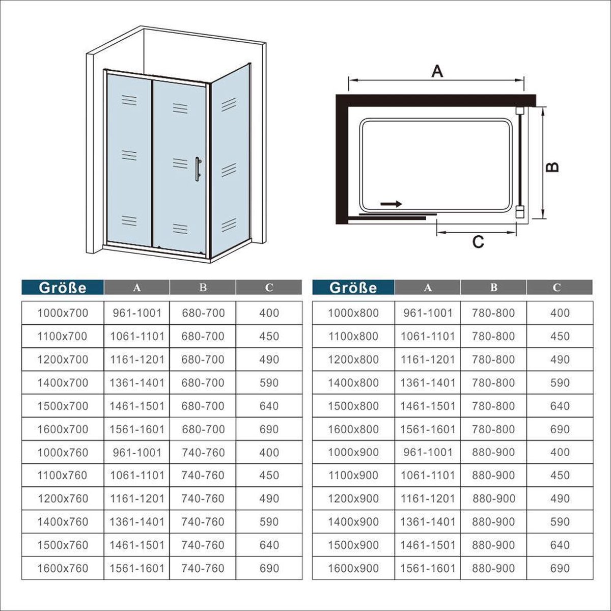rechthoekige schuifdeur douchecabine 140x190cm,zijpaneel 90x190cm, 5mm helder veiligheidsglas