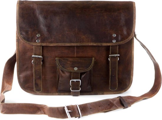 Laptoptas 15,6 inch “Toledo” - Messengertas - Donkerbruin Echt Leer Businesstas - ECHTE LEDER - Unisex Vintage Design - Boekentas – Handgemaakte Tas -  A4 formaat