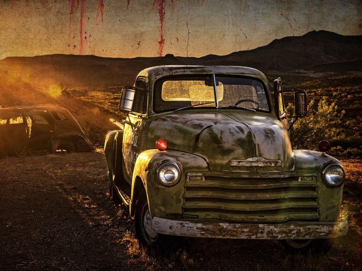 Signs-USA Rusty Truck Sunset - Wandbord - 44 x 33 cm Zwart, oranje, groen
