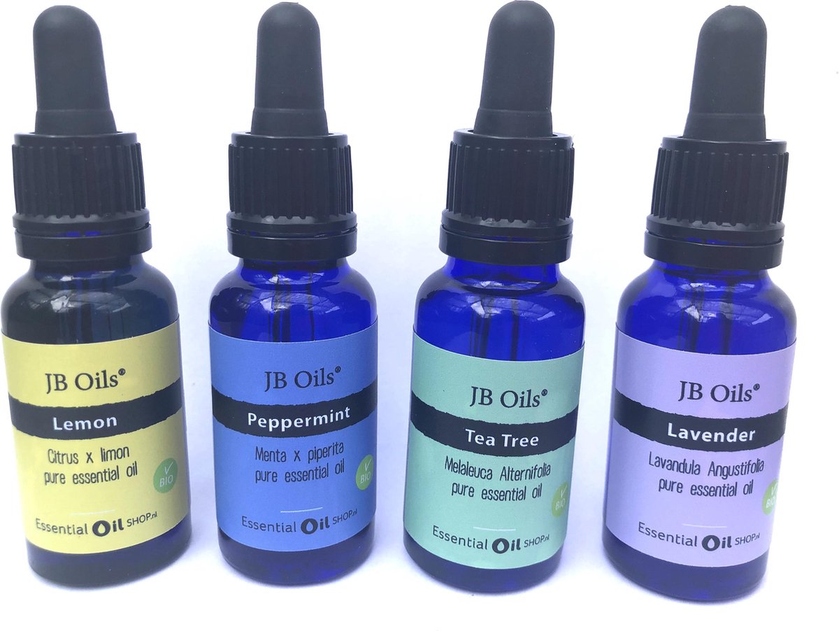 Goedkoopste Combipakket JB Oils® - Starterspakket voor aroma diffuser - Lavendel olie - Citroen olie - Pepermunt olie - Tea Tree olie – Etherische Olie - Essentiële olie – Aromatherapie - 4 x 20 ml - 100 natuurlijke kwaliteit en biologisch