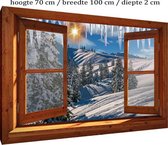 Buitencanvas op houten frame gespannen - 70x100x2 cm - Bruin venster met uitzicht winterlandschap - tuin decoratie - tuinposter - tuinschilderij voor buiten - kerst poster