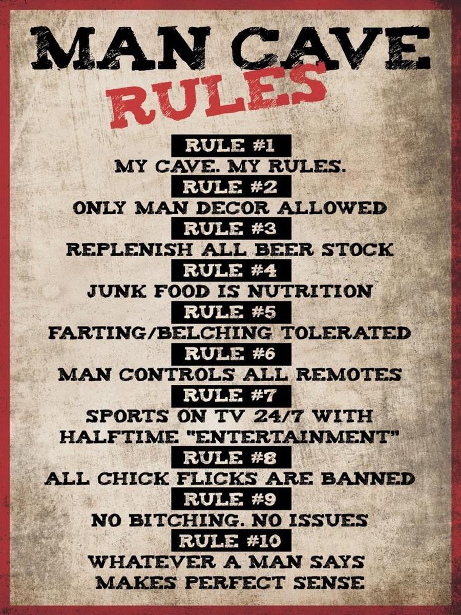 Signs-USA Man Cave Rules - Wandbord - 33 x 44 cm Zwart, bruin, beige, grijs