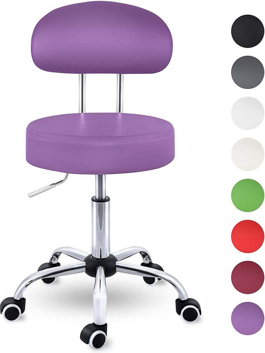 TRESKO® Rolkruk met leuning lila| Werkkruk in hoogte verstelbaar 47-60 cm | Draaikruk met wieltjes | Bureaustoel kruk draaistoel visagiekruk