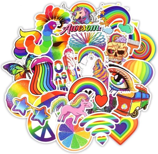 50 regenboog stickers- Kleurrijke vrolijke stickers - Voor laptop, muur,  deur, koffer,... | bol.com