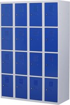 Lockerkast metaal met slot - 16 deurs 4 delig - Grijs/blauw - 180x120x50 cm - LKP-1016