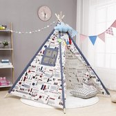 Speeltent Tipi Tent voor Jongens en Meisjes - Speelhuis Wigwam voor Kinderen met Wolk Kussen en Vlaggetjes – 135x110 cm - Wit Blauw