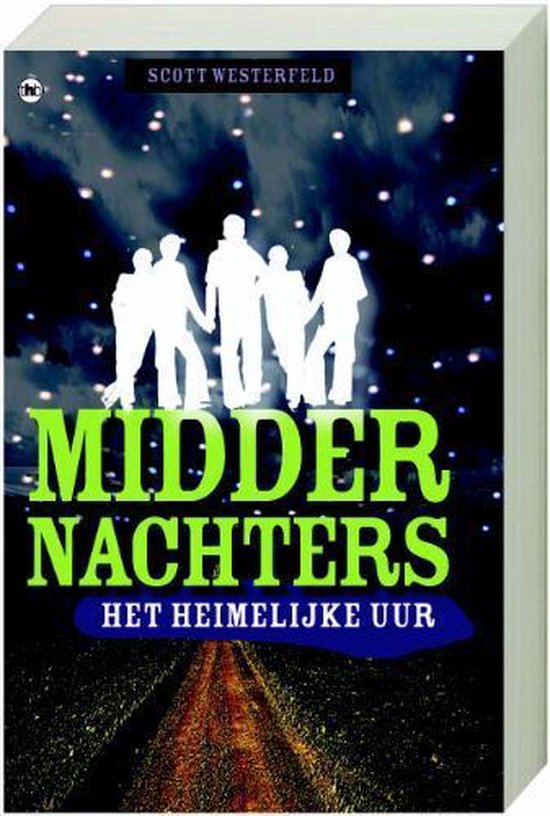 Boek "Middernachters Het Heimelijke Uur" met silhouetten van vijf personen op een donkere, sterrenhemel.