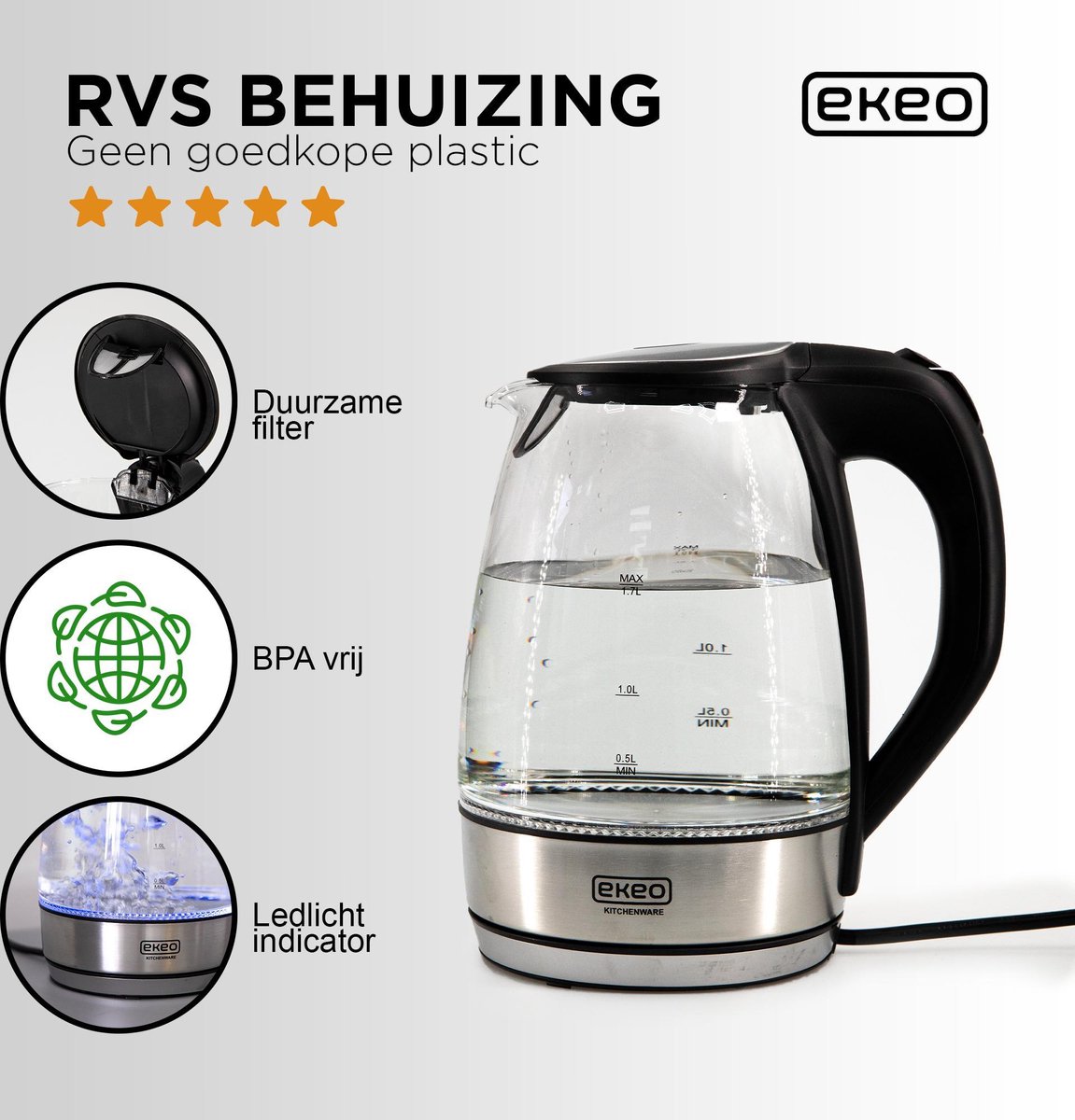 EKEO - Glazen Waterkoker RVS 2022 model - LED - 2200W - BPA vrij - Koper |  bol.com