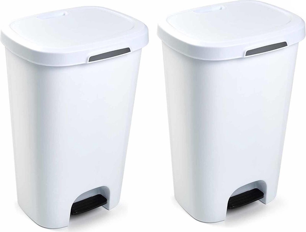 2x Kunststof afvalemmers/vuilnisemmers wit 50 liter met deksel en pedaal - Vuilnisemmers/vuilnisbakken/prullenbakken - Kantoor/keuken prullenbakken