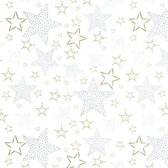 Cadeaupapier - Xmas on Glossy - Kerst Sterren Goud en Zilver op Wit - 70cm x 200m
