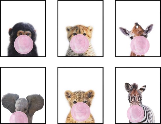 Postercity - Design Canvas Poster Jungle Set Baby Aapje, Zebra, Giraffe, Olifant, Cheeta en Tijger Roze Kauwgom / Kinderkamer / Dieren Poster / Babykamer - Kinderposter / Babyshower Cadeau / Muurdecoratie / 50 x 40cm
