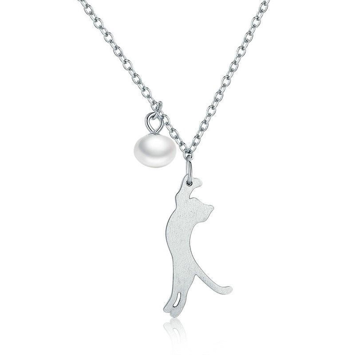 Zilveren Kinderketting 925 – Katje Hanger met Zoetwaterparel – Sterling Zilveren Ketting voor Meisjes