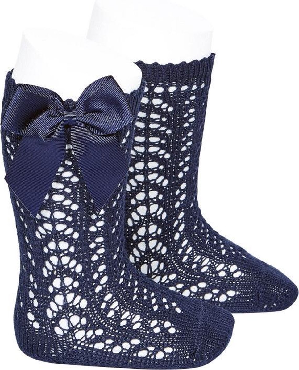 Condor - Opengewerkte kniekous met strik - Donkerblauw - maat 32-35