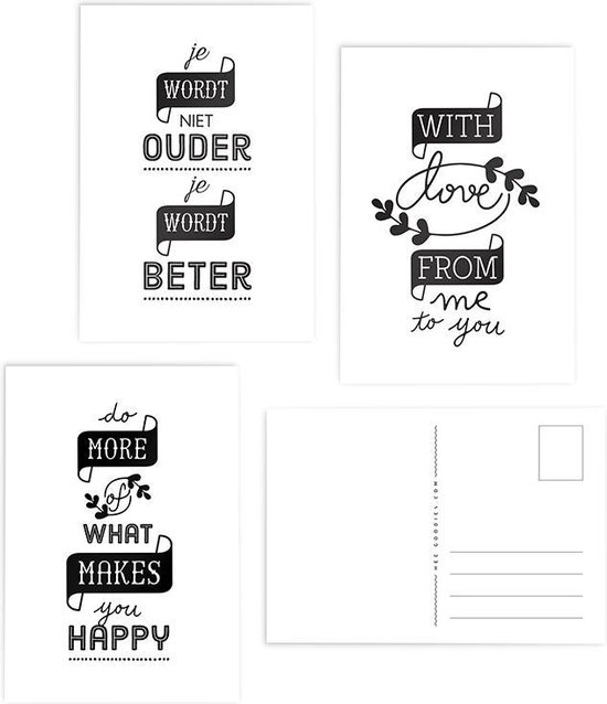 Wenskaarten set zwart wit quotes tekst kaarten verjaardag zomaar liefde succes 3 stuks met envelop