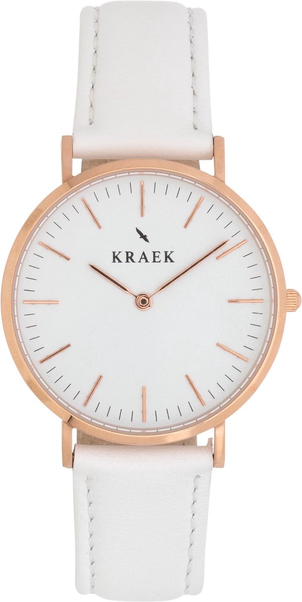 KRAEK Robyn Rosé Goud Wit 36 mm - Dames Horloge - Wit horlogebandje - inclusief pushpin - leren bandje