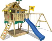 WICKEY Speeltoestel voor tuin Smart Monkey met schommel en blauwe Houten speeltuig, Speelhuis voor buiten met zandbak en klimladder voor kinderen