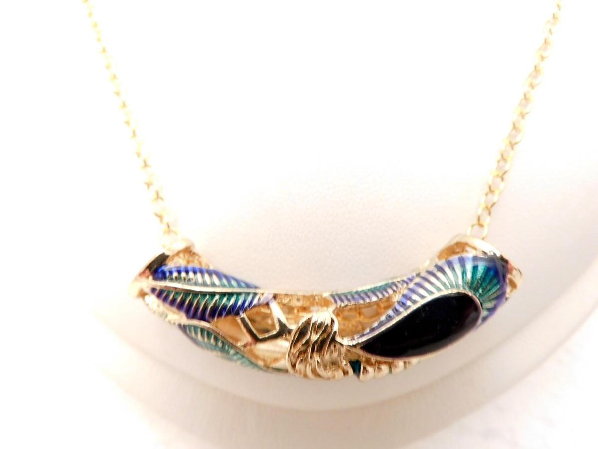 Goldplated zilver collier, met unieke blauwe en groene geëmailleerde slider