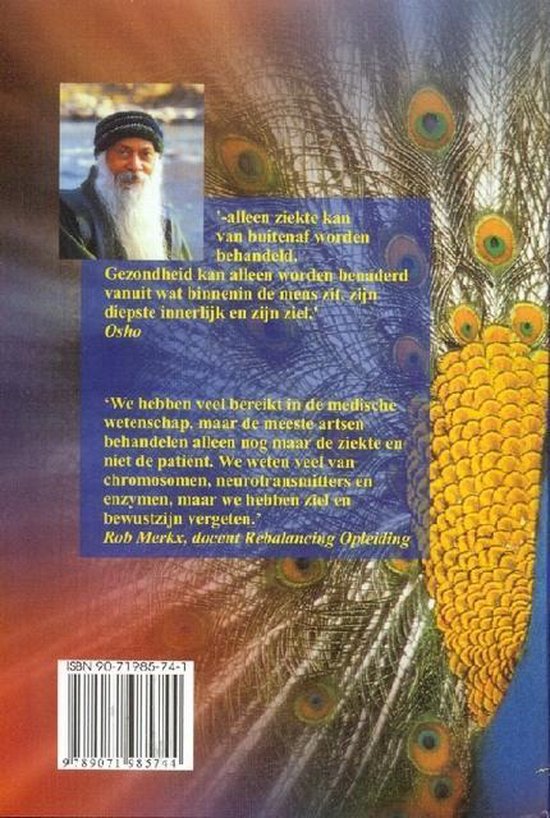 Omslag met Osho, pauwenveren en blauwe tekstvakken met citaten en ISBN.