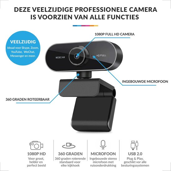 Webcam voor PC met USB en Microfoon - Full HD 1080P - Geschikt voor Windows en Mac - Laptop - Zwart
