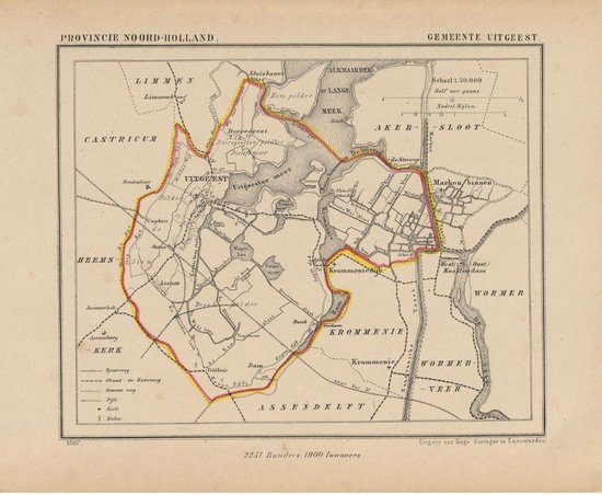 Foto: Historische kaart plattegrond van gemeente uitgeest in noord holland uit 1867 door kuyper van kaartcadeau com