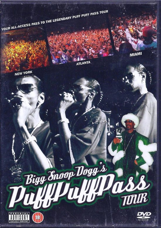 DVD cover van Bigg Snoop Dogg's Puff Puff Pass Tour met Snoop Dogg en een publiek.