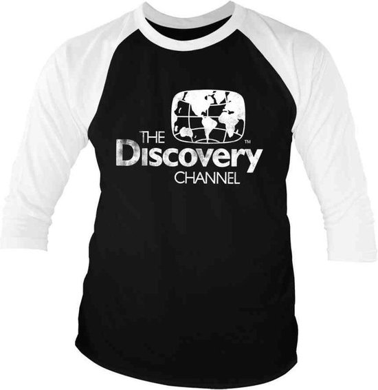 Zwart baseballshirt met witte 3/4-mouwen en het witte, verwassen The Discovery Channel-logo op de borst.