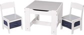 Kindertafel en stoeltjes - Kindertafel met stoeltjes van hout - 1 tafel en 2 stoelen voor kinderen - wit/grijs hout - kindertafel met opbergruimte / kindertafel  /Kleurtafel / spee