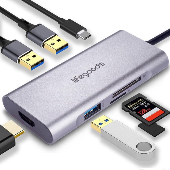LifeGoods 7in1 USB C Hub - 3x USB 3.0 - 4K HDMI - USB-C Oplader - SD/TF Kaart - Power Delivery - Grijs