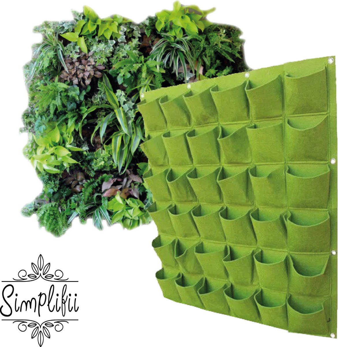 Simplifii - Verticale tuin 36 vakken - Ophangbare plantenzak 36 zakjes - Voor moestuin of bloemen en plantjes - 36 vakjes - 100 x 100 cm - Groene muur