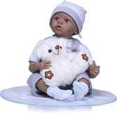 Reborn baby pop 'Davy' - 55 cm - Bruine jongen - Complete outfit, knuffel en speen - Ogen open - Soft silicone - Levensechte babypop