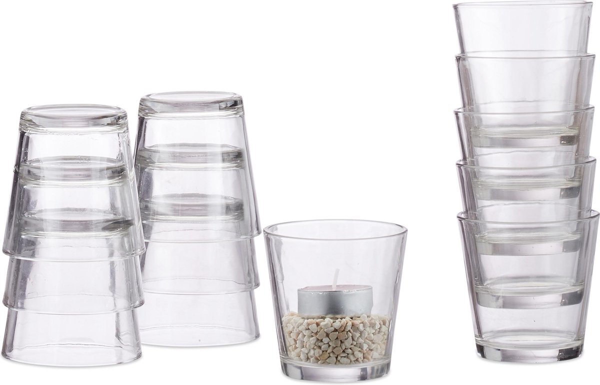 Relaxdays waxinelichthouders set van 12 stuks doorzichtig glas theelichtjeshouder