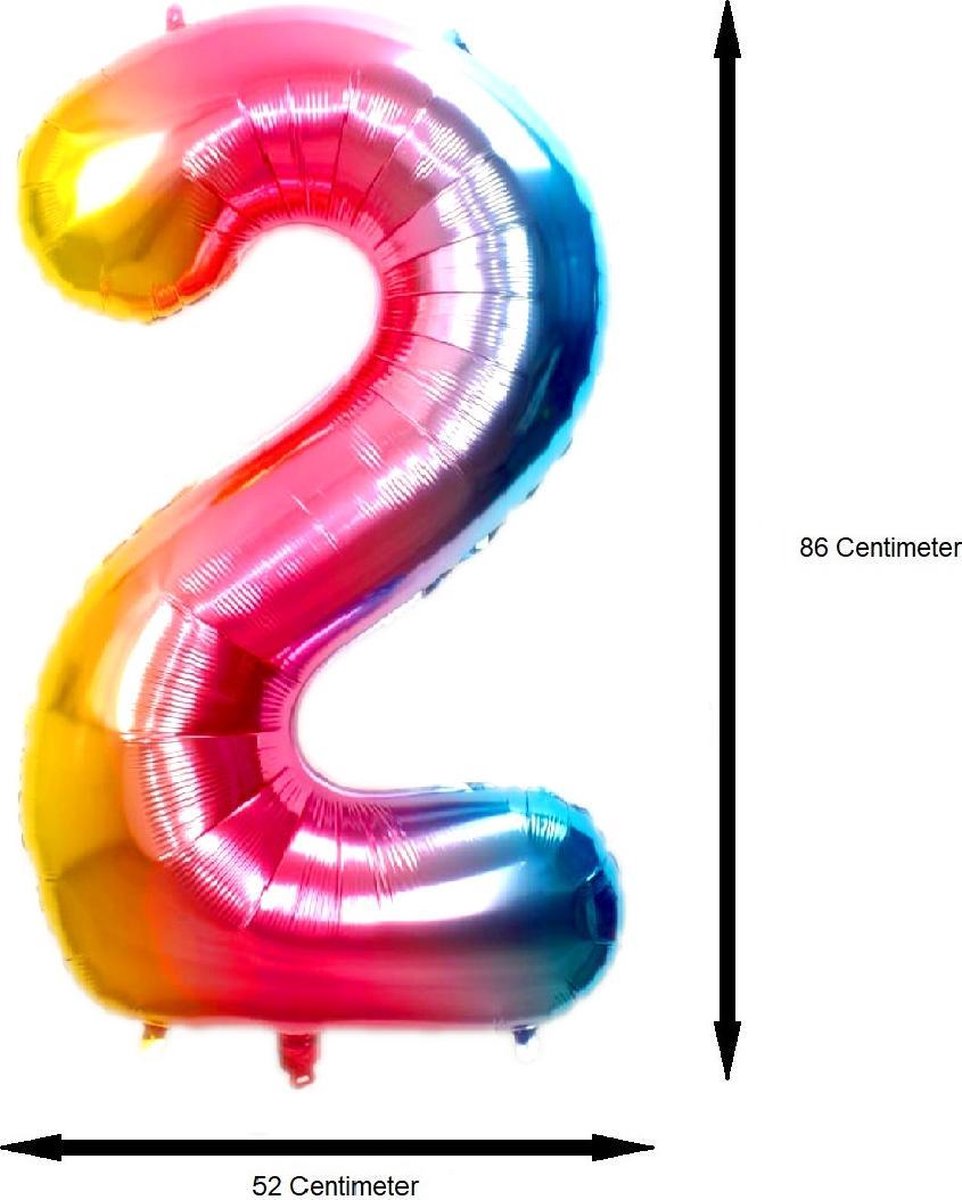 Folie Ballon Cijfer 2 Jaar Regenboog 86Cm Verjaardag Folieballon Met Rietje — afbeelding 2