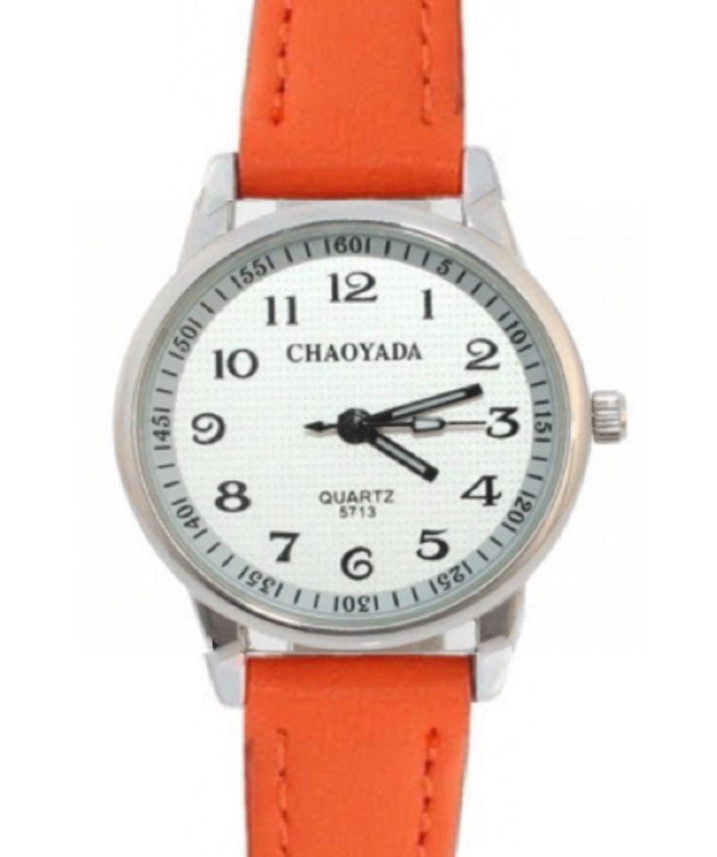 Horloge -Chaoyada -Oranje- Seconde aanduiding-Dames- Tiener- Leer- 3 cm- smalle pols