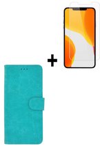 iPhone 12 Hoesje + iPhone 12 Screenprotector - iPhone 12 hoes Wallet Bookcase Turquoise + Screenprotector