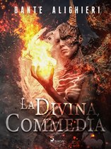 Boekomslag met een demonisch figuur dat vuur vasthoudt. Tekst: DANTE ALIGHIERI, LA DIVINA COMMEDIA.
