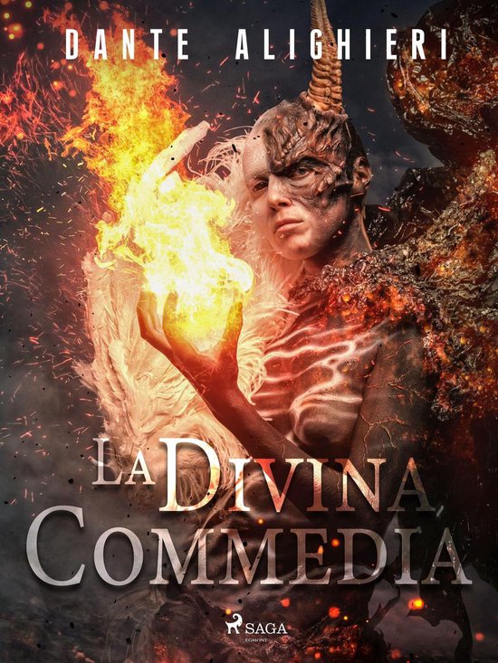 Boekomslag met een demonisch figuur dat vuur vasthoudt. Tekst: DANTE ALIGHIERI, LA DIVINA COMMEDIA.