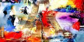JJ-Art (Canvas) | Parijs, de Eiffeltoren, abstract in kleurrijke olieverf look | Frankrijk, gebouw, stad, rood, blauw, geel, paars - woonkamer | Foto-Schilderij print op Canvas (canvas wandde