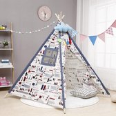 Speeltent Tipi Tent voor Jongens en Meisjes - Speelhuis Wigwam voor Kinderen met Wolk Kussen Vlaggetjes – 135x110 cm - Wit Blauw 2