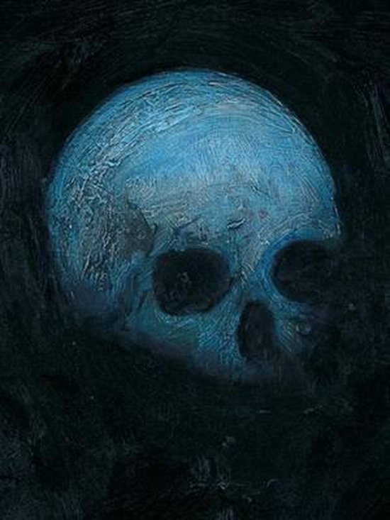 Een blauwe schedel met donkere gaten voor de ogen en neus, tegen een zwarte achtergrond.