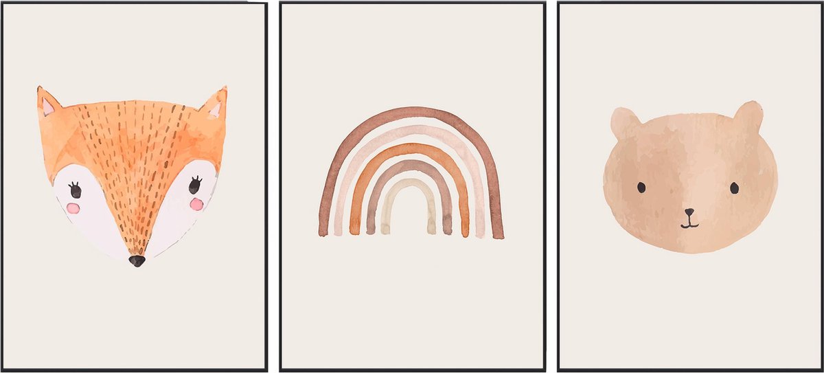 No Filter Dieren posters – Bohemian - 3 stuks - 21x30 cm - Vos, Beer & Regenboog divers