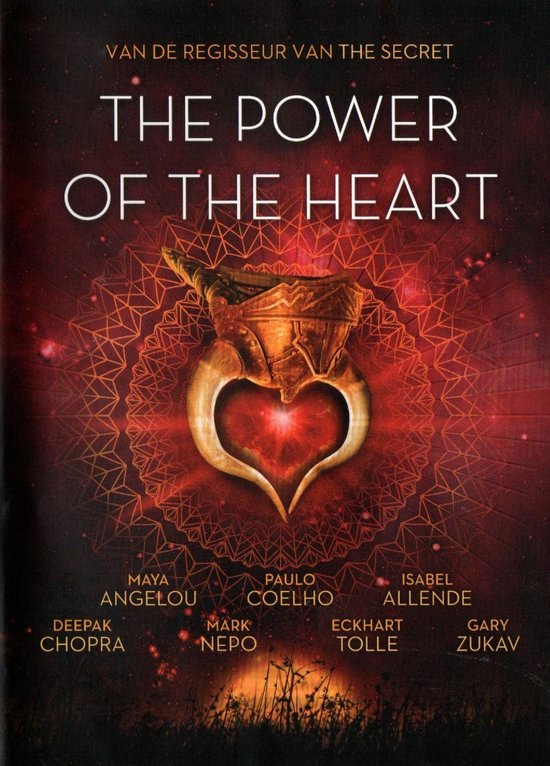 Couverture du livre "The Power of the Heart" avec un objet doré en forme de cœur avec des cornes sur un fond de type mandala.
